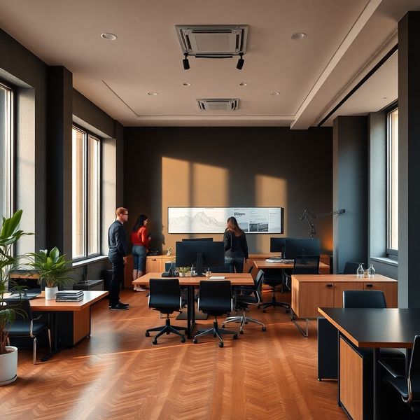 Spațiul de lucru al Modern Studio în București, cu lumină naturală și tonuri slate