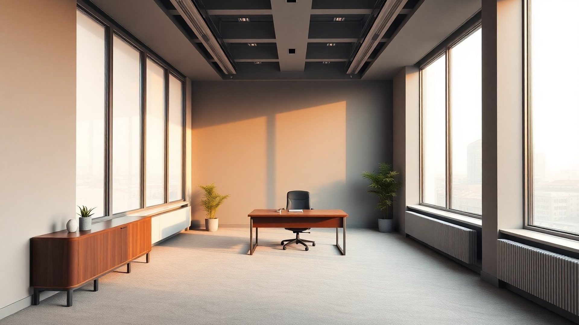 Interior de birou minimalist în București cu lumină difuză